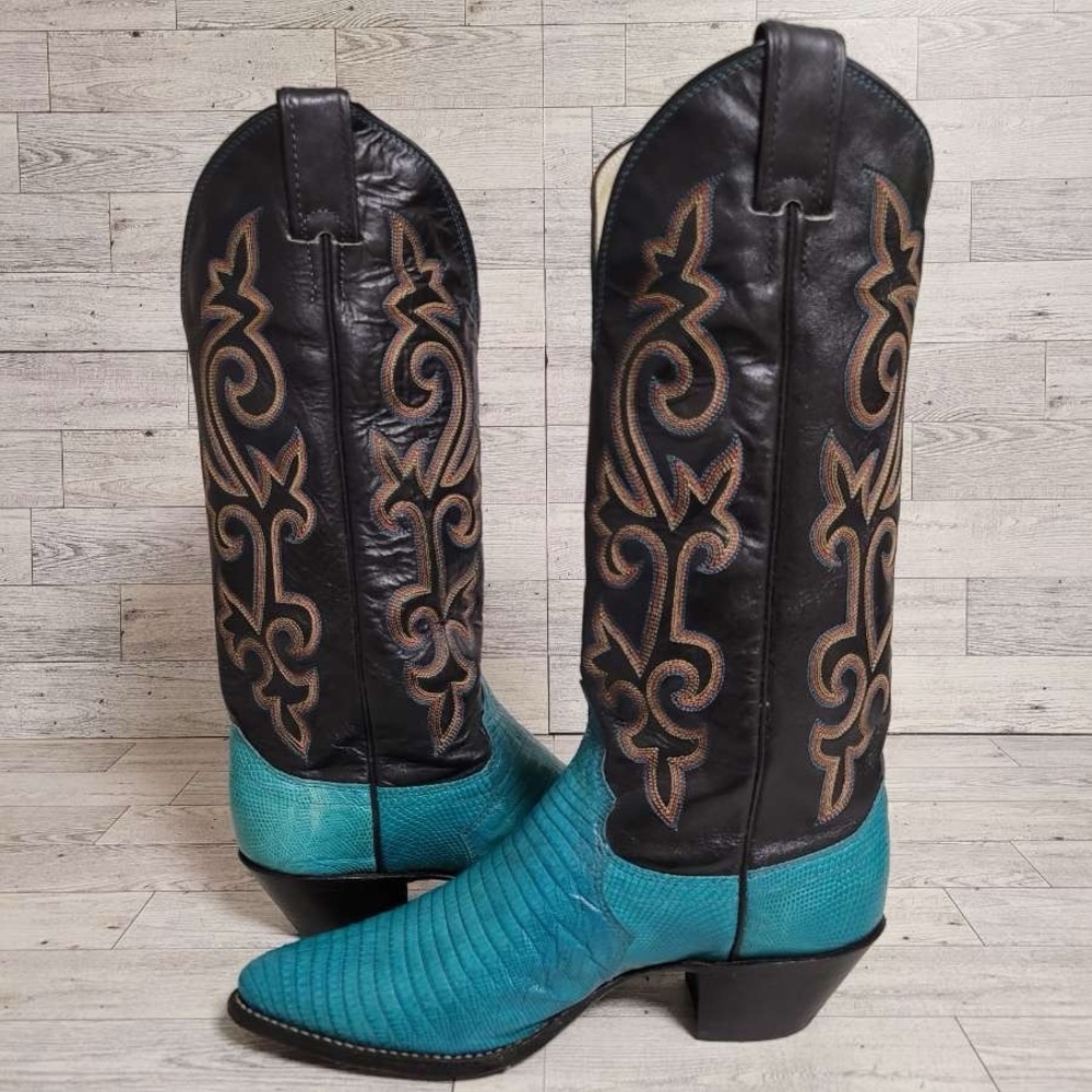 Women's Justin Western Turquoise Lizard Leather Rodeo Cowboy Boots Size 6.5 B - Picture 6 of 10